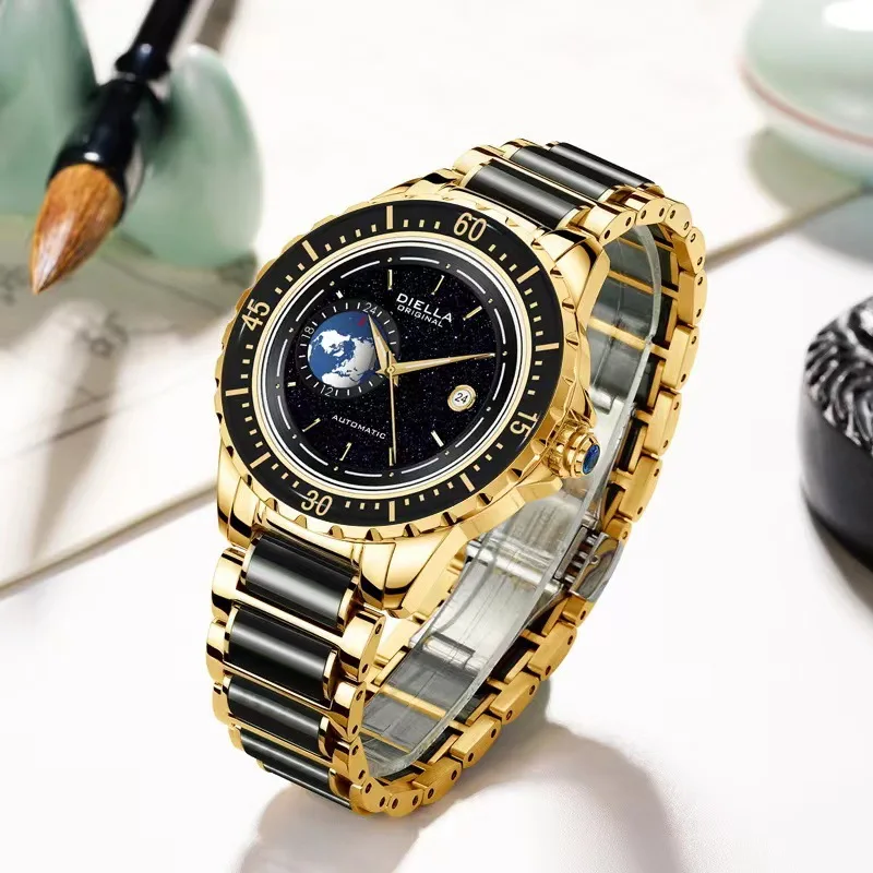 DIELLA Original Emerald Jade 3D Earth Automatic 24-Hour Calendar Watch 5