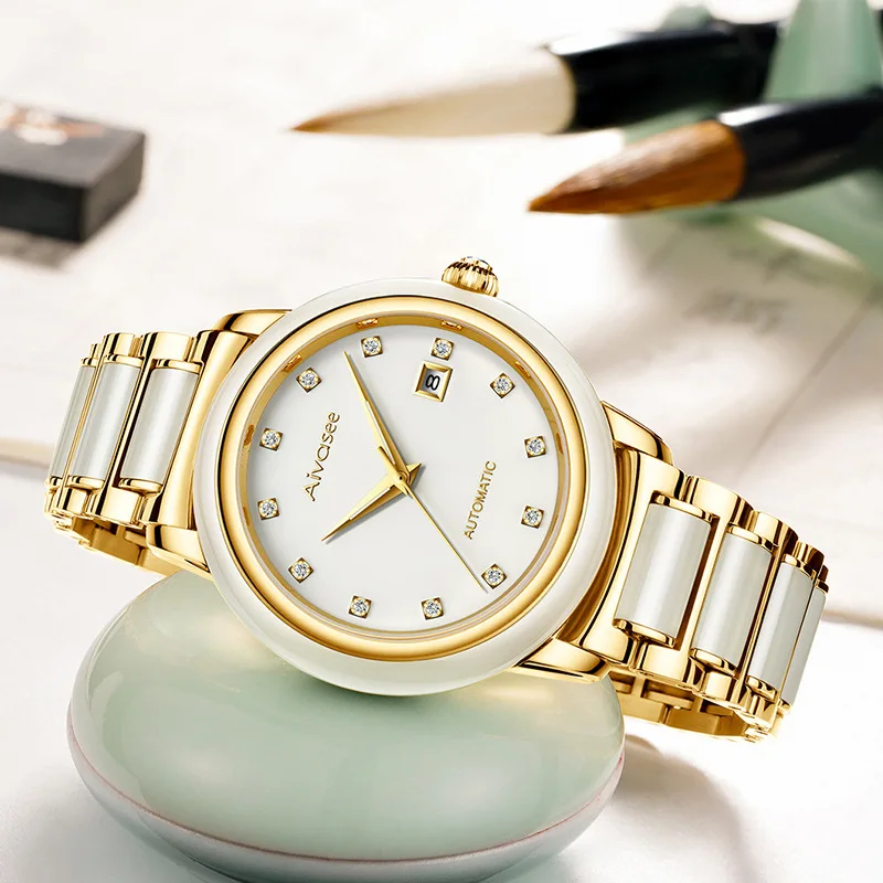 AIVASEE Hetian Business Jade Automatic Stainless Steel Waterproof Watch 4
