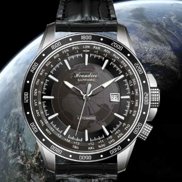 World Map GMT 3D Relief Automatic 50 Bar Sapphire Luminous Watch 1
