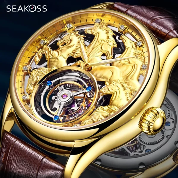 Gold Zodiac Horse Full Skeleton Luxury Tourbillon Sapphire Watch 1