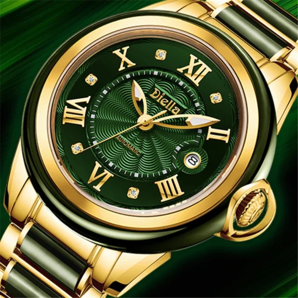 DIELLA Fashion Jade Automatic Luminous Calendar Genuine Gold Jade Watch 1
