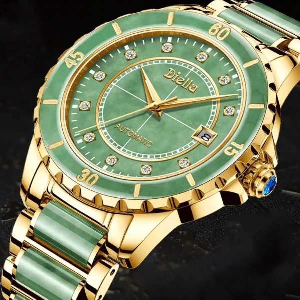 100% Natural Emerald Jade Automatic Calendar Sapphire Waterproof Watch 1