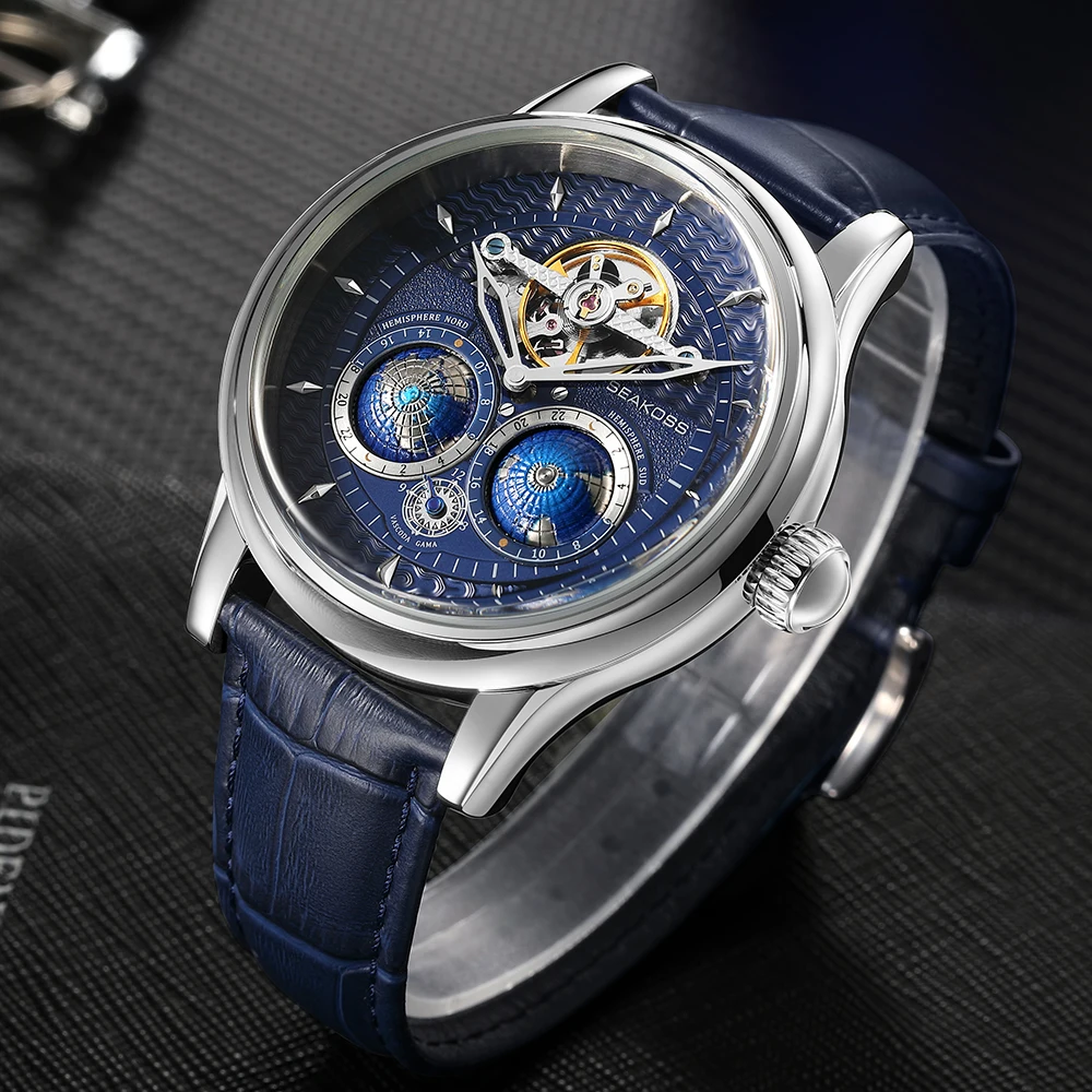 SEAKOSS Signature Double Globe Rotating Earth Flywheel Military Watch 1