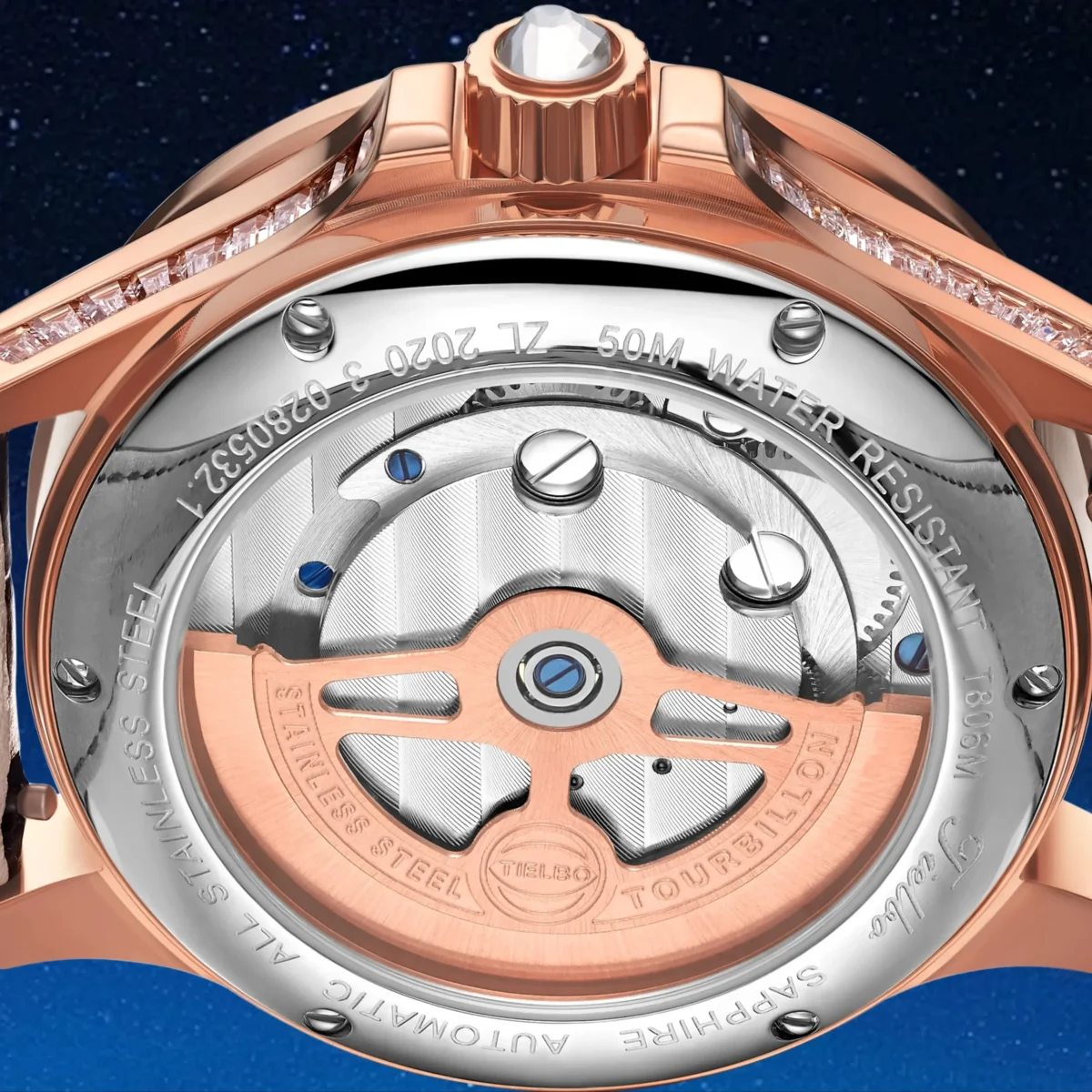 TIELBO Luxury Crystal Automatic Flying Tourbillon Brilliant Moon Phase Watch 4