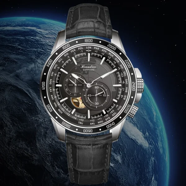 World Map GMT 3D Relief Automatic 5 Bar Sapphire Luminous Watch 1
