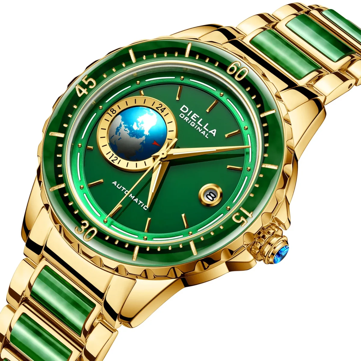 DIELLA Original Jade 3D Earth Automatic 24-Hour Calendar Sapphire Watch 6