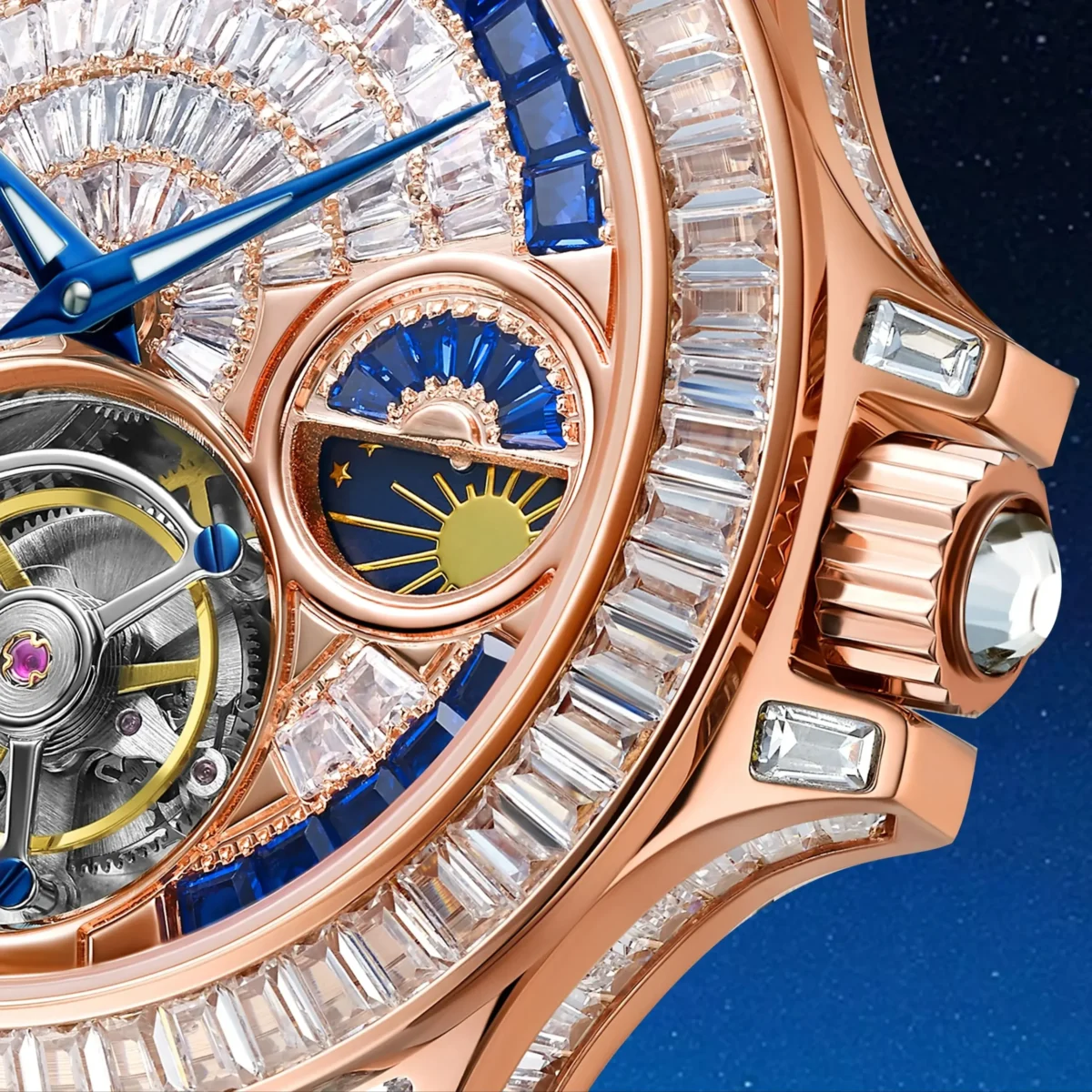 TIELBO Luxury Crystal Automatic Flying Tourbillon Brilliant Moon Phase Watch 5