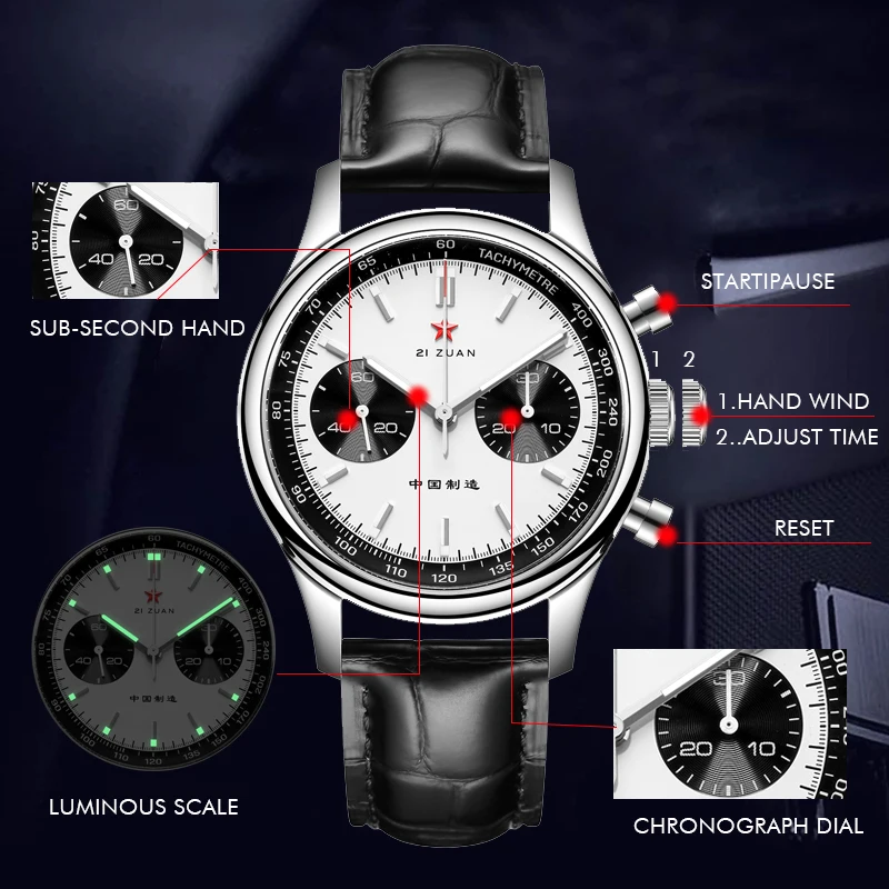 Red Star Panda 1963 Men’s Mechanical Pilot Chronograph 40 mm Sapphire 3