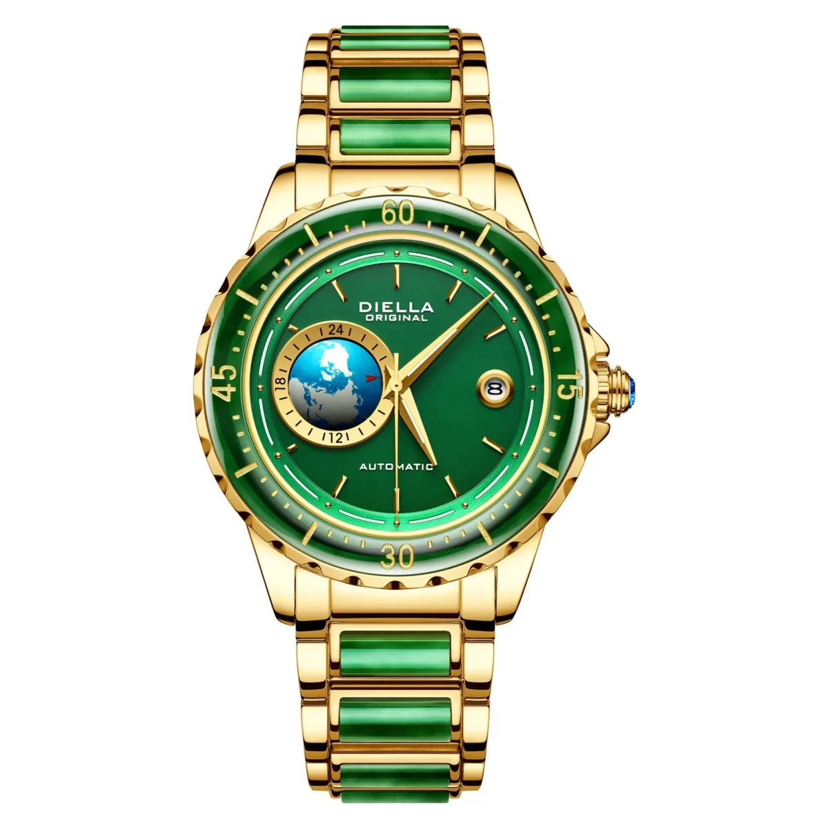 DIELLA Original Jade 3D Earth Automatic 24-Hour Calendar Sapphire Watch 5