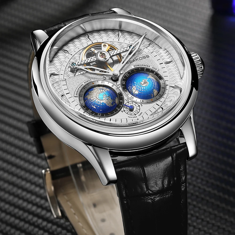 SEAKOSS Signature Double Globe Rotating Earth Flywheel Military Watch 5