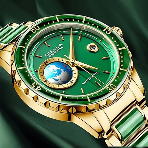 DIELLA Original Jade 3D Earth Automatic 24-Hour Calendar Sapphire Watch 1