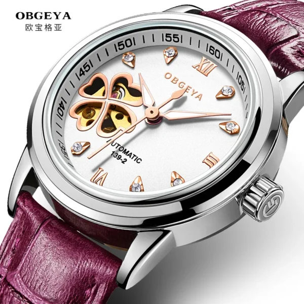 Diamond Four-Leaf Clover Luxury Automatic Women’s Rose Leather Watch 1