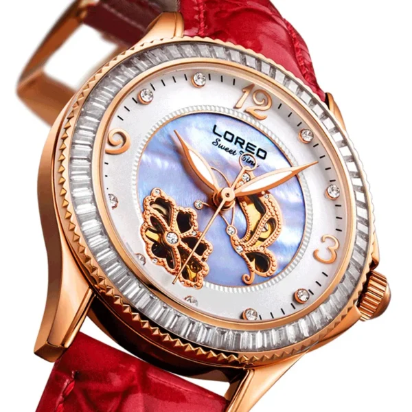 LOREO Brand Luxury Diamond Crystal Sapphire Mechanical Watch Women Leather Strap 50M Waterproof Fashion Skeleton Automatic Watch 1
