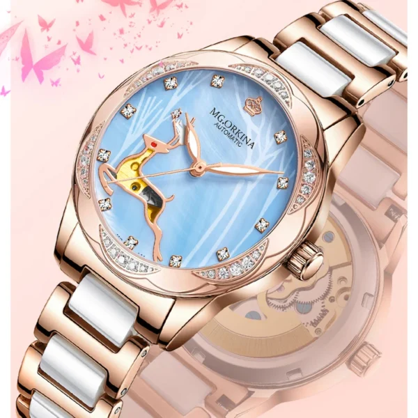 ORKINA Rose White Ladies Watches Top Brand Automatic Mechanical Wristwatch Women's Stainless Strap Waterproof Fashion Casual Clock 1