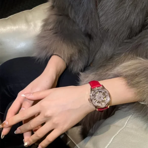 Fashion Women Design Mechanical Watch Red Genuine Leather Strap Needle Buckle Elegant Office Ladies Luxury Diamonds Wristwatch 2