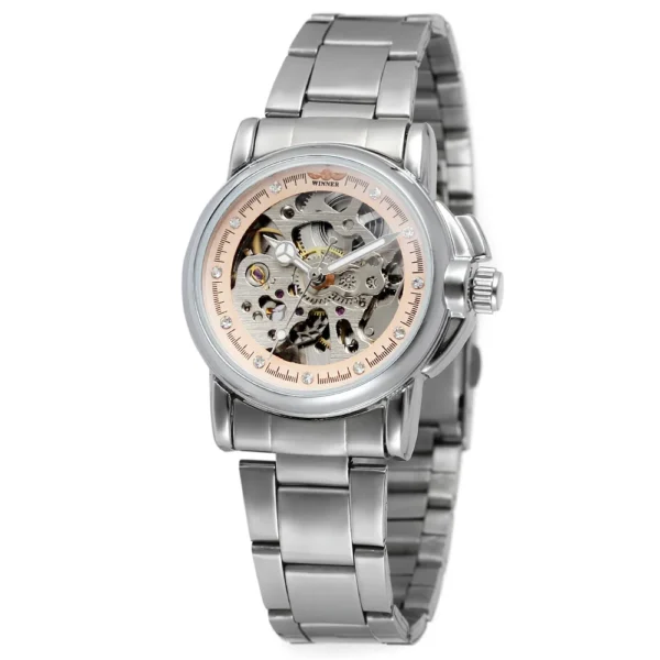 Luxury Gold Fashion Crystal Skeleton Automatic Women’s Stainless Steel Watch 2