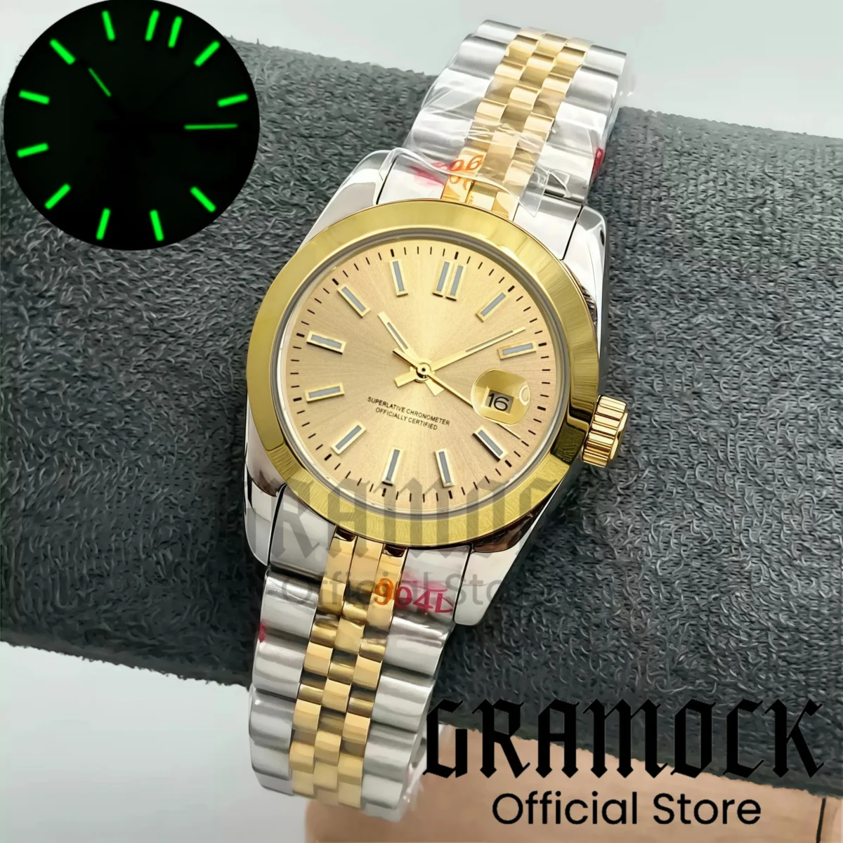 Gramock Lady's Luxury Mechanical NH05 Automatic 31mm Diving Wristwatch Slope Bezel Stick Mark Sunburst Dial Luminous Women's Watch 3