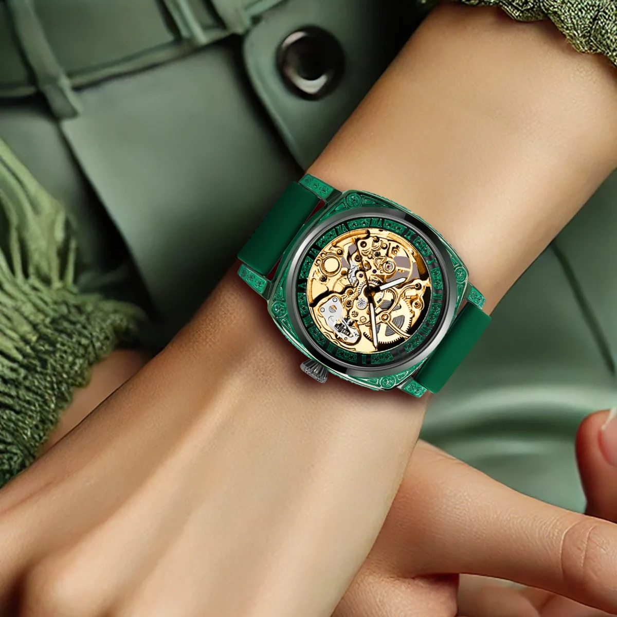 New Women's Gold Green Tape Simple Style Fashionable Gorgeous Luminous Carving Fully Automatic Mechanical Watch 2