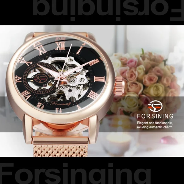 Forsining Top Brand Fashion Elegant Skeleton Rose Gold Women’s Steel Watch 2