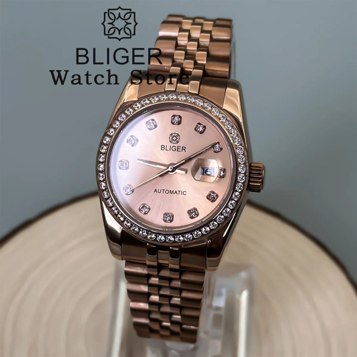 BLIGER 31mm Diamond Bezel Sunburst Dial Diamond Mark NH05 Automatic Women Lady Watch Sapphire Luxury Rose Gold Wristwatch 2