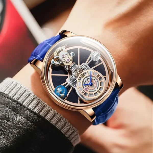 PINDU Celestial Starry Sky Transparent Curved Glass Leather Watch 2