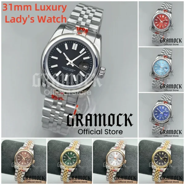 Gramock 31mm Lady's Luxury NH05 Mechanical Automatic Diving Wristwatch Stick Mark Sunburst Dial Luminous Round Bezel Women's Watch 1