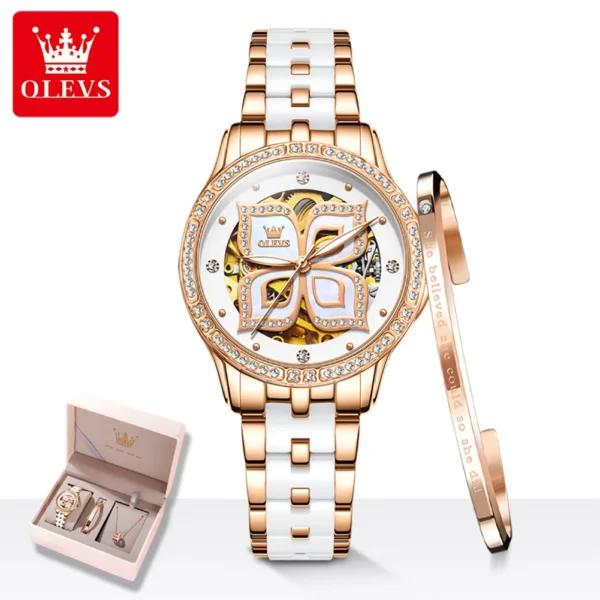 OLEVS 6612 Diamond Elegant Ceramic Automatic Four Leaf Clover Women’s Watch 1