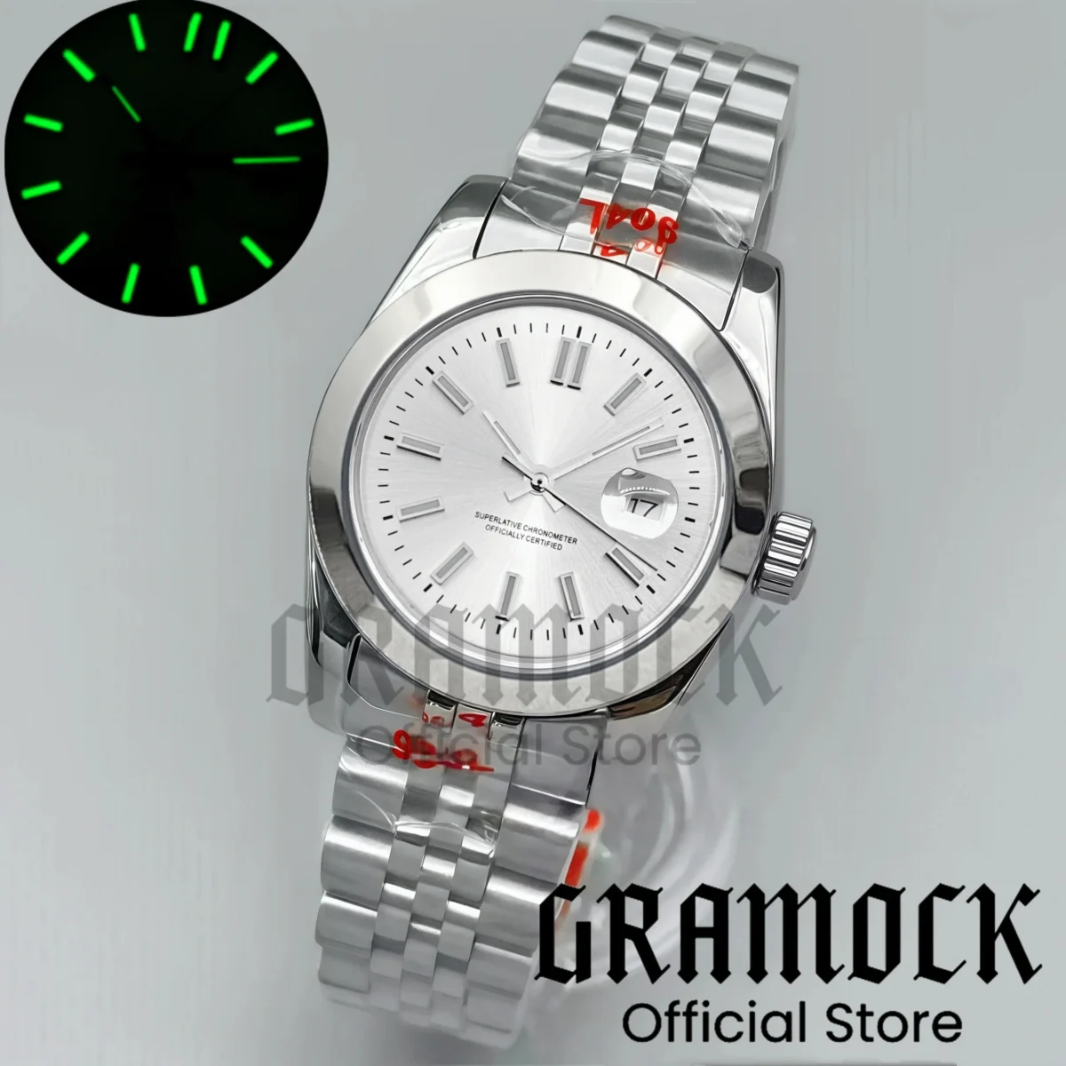 Gramock Lady's Luxury Mechanical NH05 Automatic 31mm Diving Wristwatch Slope Bezel Stick Mark Sunburst Dial Luminous Women's Watch 6