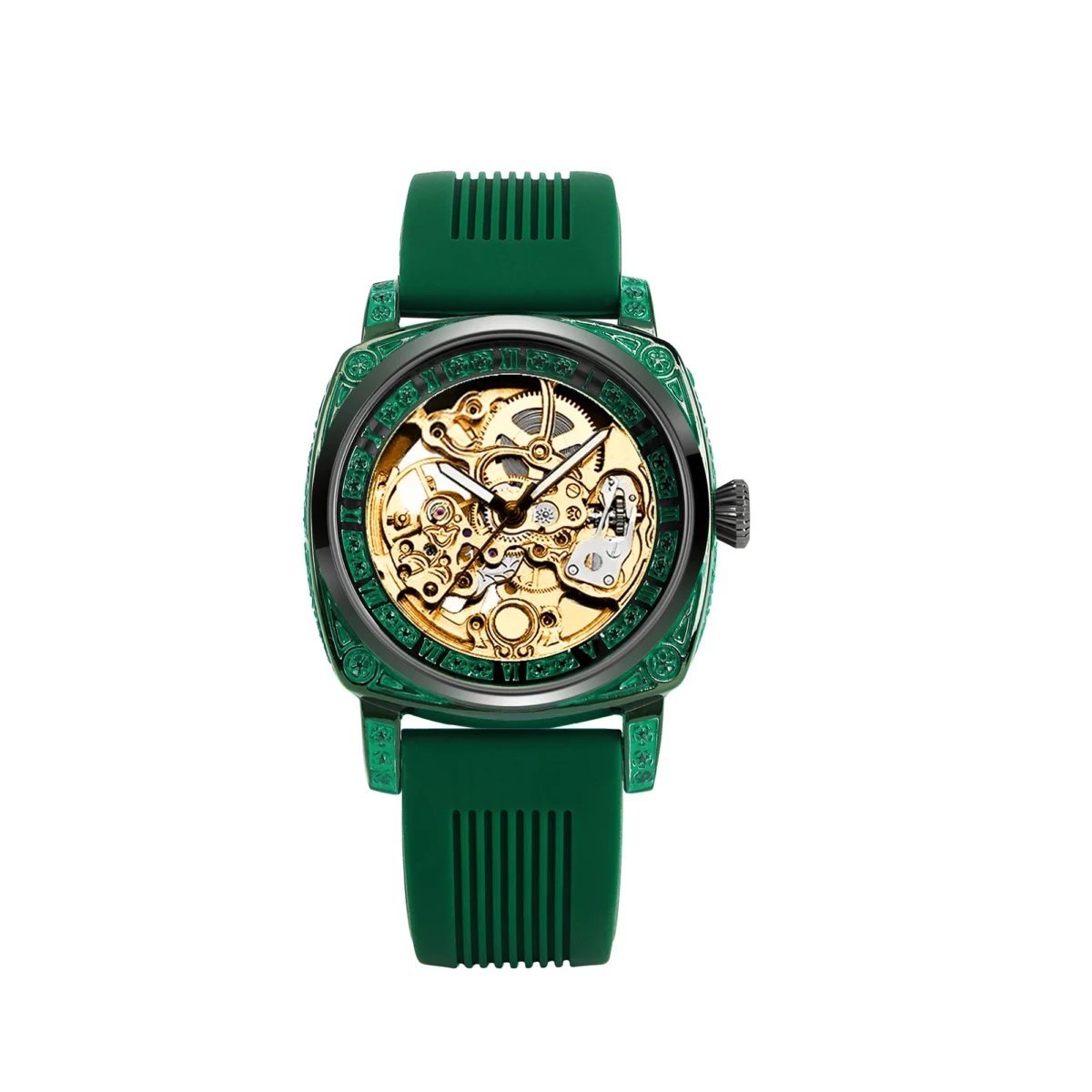 New Women's Gold Green Tape Simple Style Fashionable Gorgeous Luminous Carving Fully Automatic Mechanical Watch 6