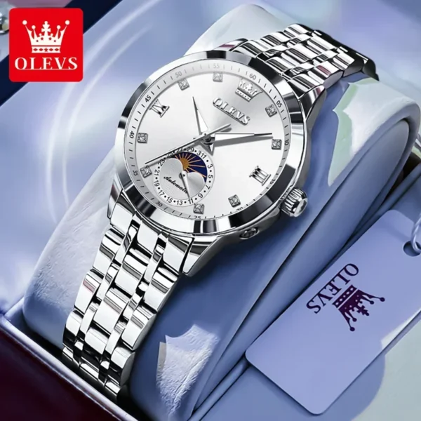 OLEVS Fashion Elegant Women's Watches Waterproof Moon Phase Automatic Mechanical Watch Date Silver Stainless Steel Watch  7041 1