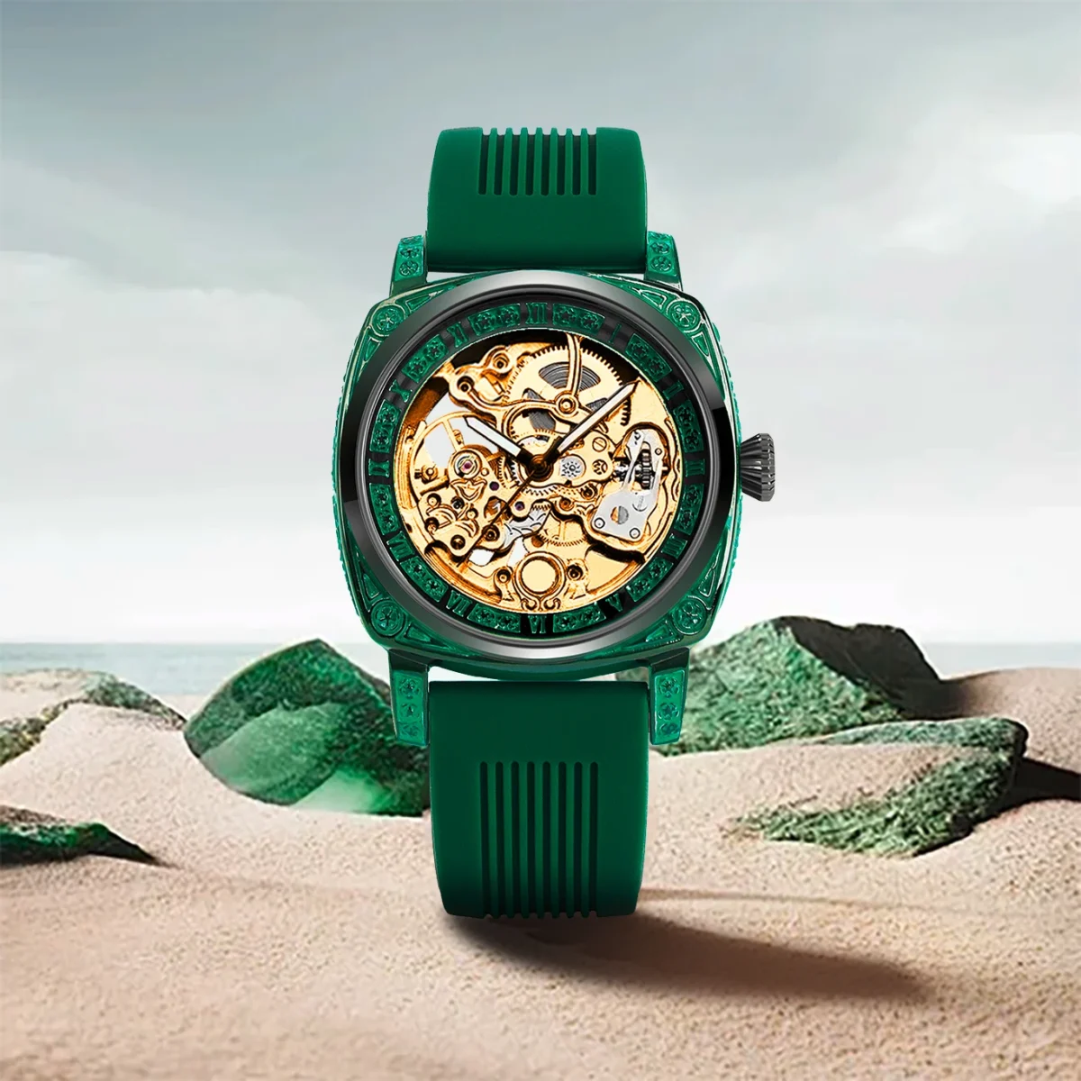 New Women's Gold Green Tape Simple Style Fashionable Gorgeous Luminous Carving Fully Automatic Mechanical Watch 4