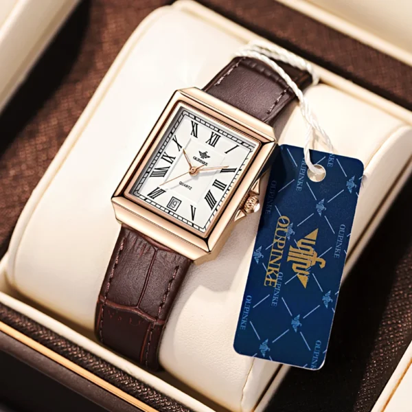 OUPINKE 3182 Simple Women's Watches Elegant Rectangular Dial Quartz Watch Leather strap Date Waterproof Original Lady Wristwatch 1