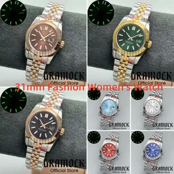 Gramock Lady's Luxury Mechanical NH05 Automatic 31mm Diving Wristwatch Slope Bezel Stick Mark Sunburst Dial Luminous Women's Watch 1