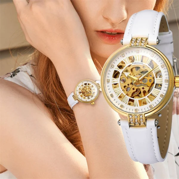 FORSINING Fashion Business White Gold Skeleton Luminous Automatic Women’s Watch 1
