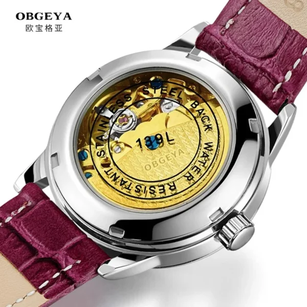 Diamond Four-Leaf Clover Luxury Automatic Women’s Rose Leather Watch 2