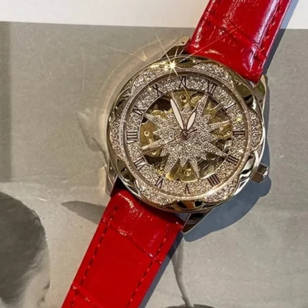 Fashion Women Design Mechanical Watch Red Genuine Leather Strap Needle Buckle Elegant Office Ladies Luxury Diamonds Wristwatch 1
