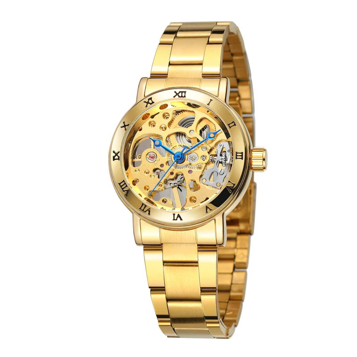 T-winner Blue Hand Roman Numeral Mechanical Watch Gold Hollow Steel Band Watch Round Alloy Ladies Watch 1