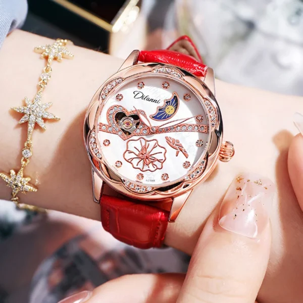 Watches Women Fashion Watch 2023 Automatic Mechanical Rhinestone Skeleton Dial Premium Leather Band Elegant Lady Watch New 1