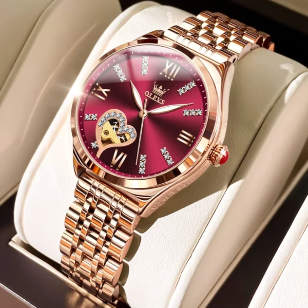 OLEVS Brand Luxury Fashion Red Dial Automatic Mechanical Watch For Women's Waterproof Steel Ladies Watch Reloj Para Mujer 2