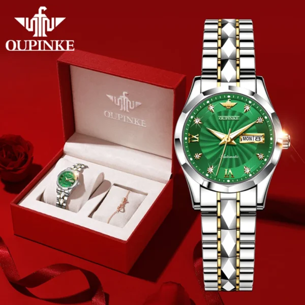 OUPINKE 3169 Luxury Brand Women's Watch Automatic Mechanical Wristwatch Waterproof Stainless Steel Watch For Woman Dual Calendar 2