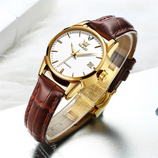 OLEVS Top Luxury Automatic Women’s Waterproof Brown Leather Watch 1