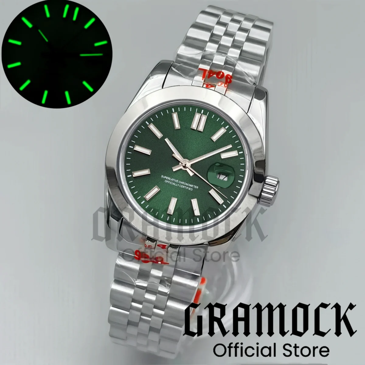 Gramock Lady's Luxury Mechanical NH05 Automatic 31mm Diving Wristwatch Slope Bezel Stick Mark Sunburst Dial Luminous Women's Watch 4