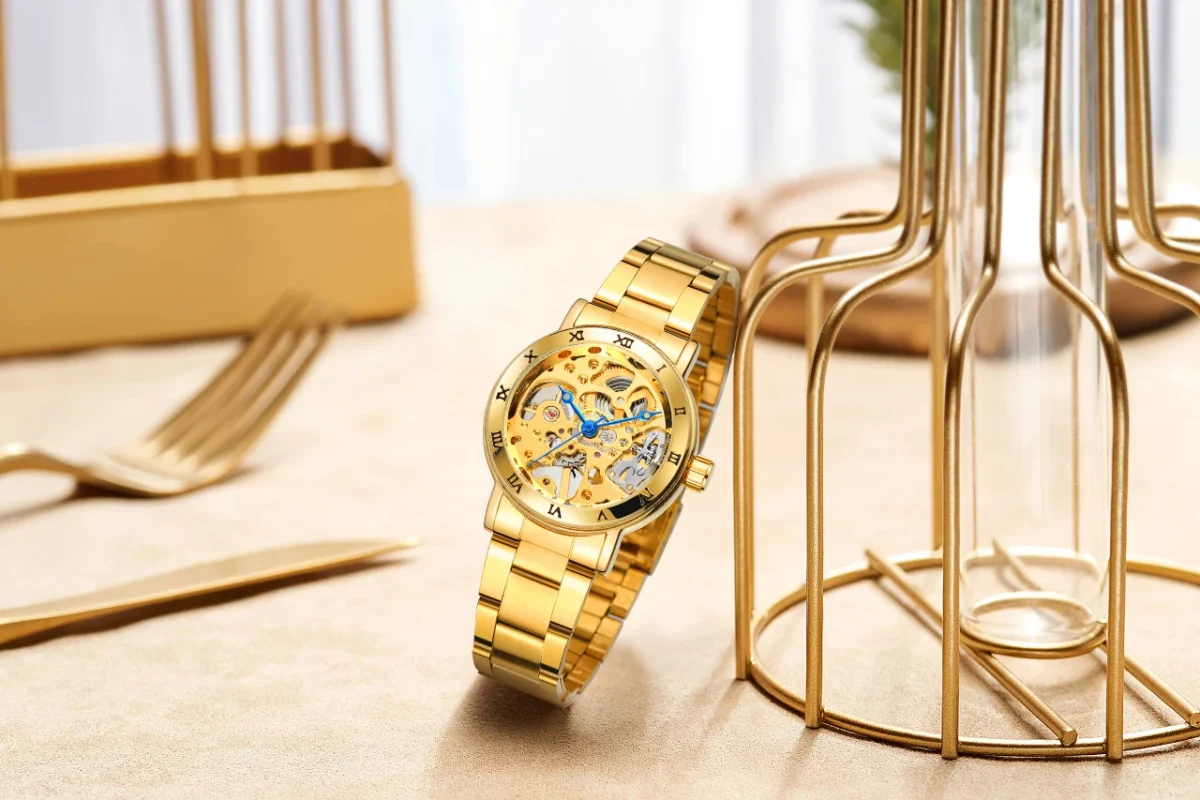 T-winner Blue Hand Roman Numeral Mechanical Watch Gold Hollow Steel Band Watch Round Alloy Ladies Watch 4
