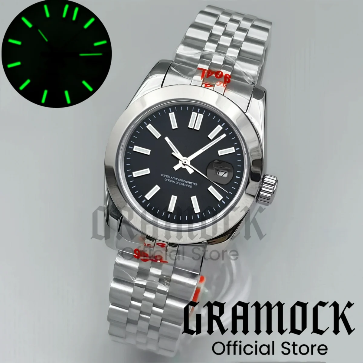 Gramock Lady's Luxury Mechanical NH05 Automatic 31mm Diving Wristwatch Slope Bezel Stick Mark Sunburst Dial Luminous Women's Watch 5