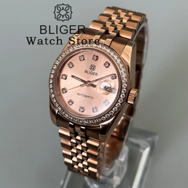 BLIGER 31mm Diamond Bezel Sunburst Dial Diamond Mark NH05 Automatic Women Lady Watch Sapphire Luxury Rose Gold Wristwatch 1