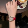 Fashion Women Design Mechanical Watch Red Genuine Leather Strap Needle Buckle Elegant Office Ladies Luxury Diamonds Wristwatch 3