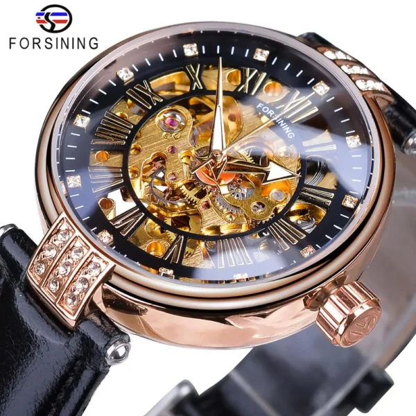 Forsining 2019 Elegant Women Diamond Skeleton Display Design Luxury Lady Automatic Watches Luminous Hands Black Genuine Leather 1