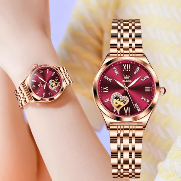 OLEVS Brand Luxury Fashion Red Dial Automatic Mechanical Watch For Women's Waterproof Steel Ladies Watch Reloj Para Mujer 1