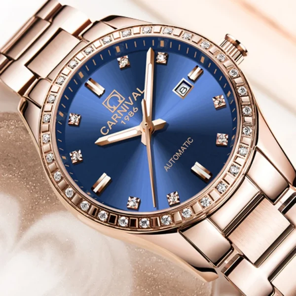 CARNIVAL New Luxury Rose Gold Blue Dial Automatic Women’s Dress Watch 1