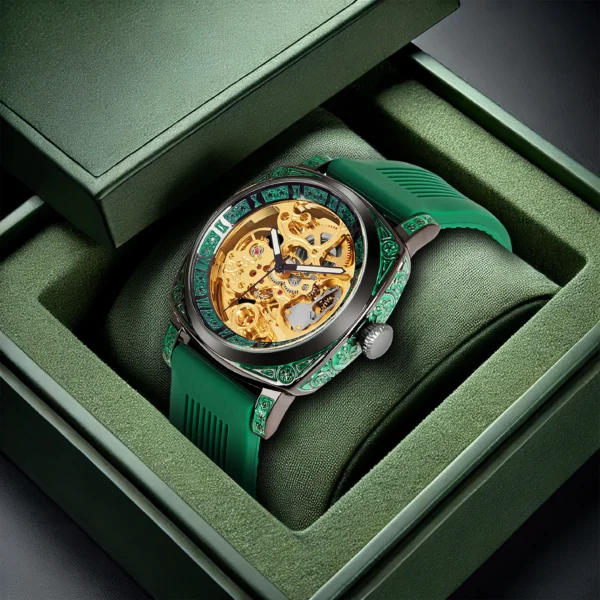 New Women's Gold Green Tape Simple Style Fashionable Gorgeous Luminous Carving Fully Automatic Mechanical Watch 1